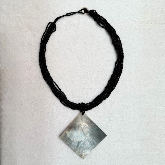 Mother-of-Pearl Square Pendant Multi-Strand Hand Crafted 18” Statement Necklace - Picture 3 of 5